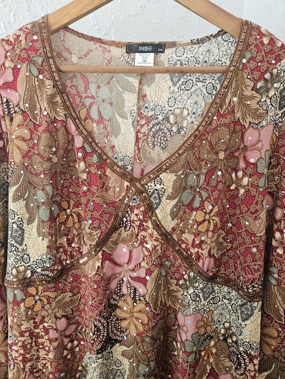Vtg Ing+ USA Y2k Boho Women 3X Flowy Floral Sequin Festival Feminine Blouse - Picture 11 of 13